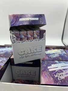 Sleek Cake disposable vape pen, 3g Delta-8 THC distillate with organic terpenes, ceramic coil, draw-activated, sleek black design for smooth, flavorful hits.