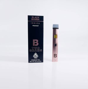 Sleek Blinker Disposable vape pen in black, 2g lab-tested THC distillate, Tropical Grapes label with vibrant purple grape graphics